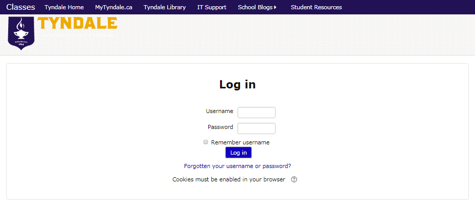 Login page on classes.tyndale.ca