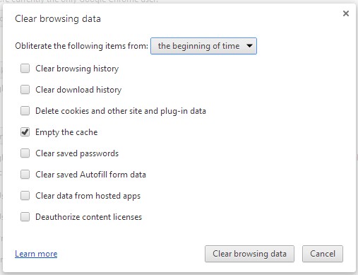 Google Chrome Clear browsing data screen
