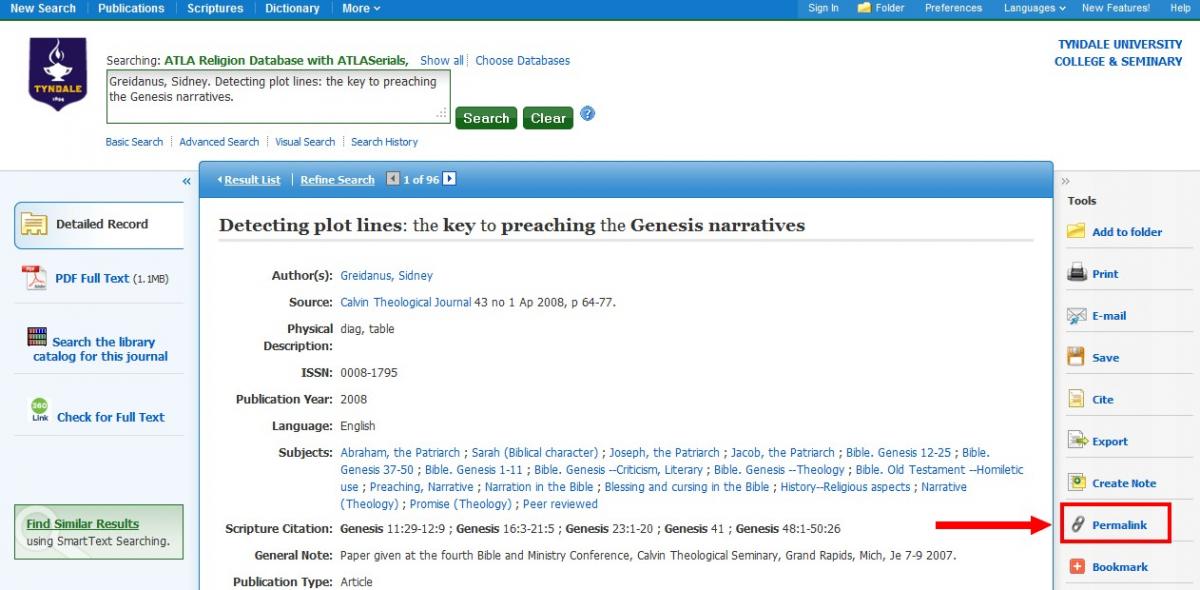 Ebsco database article page with "permalink" menu item highlighted