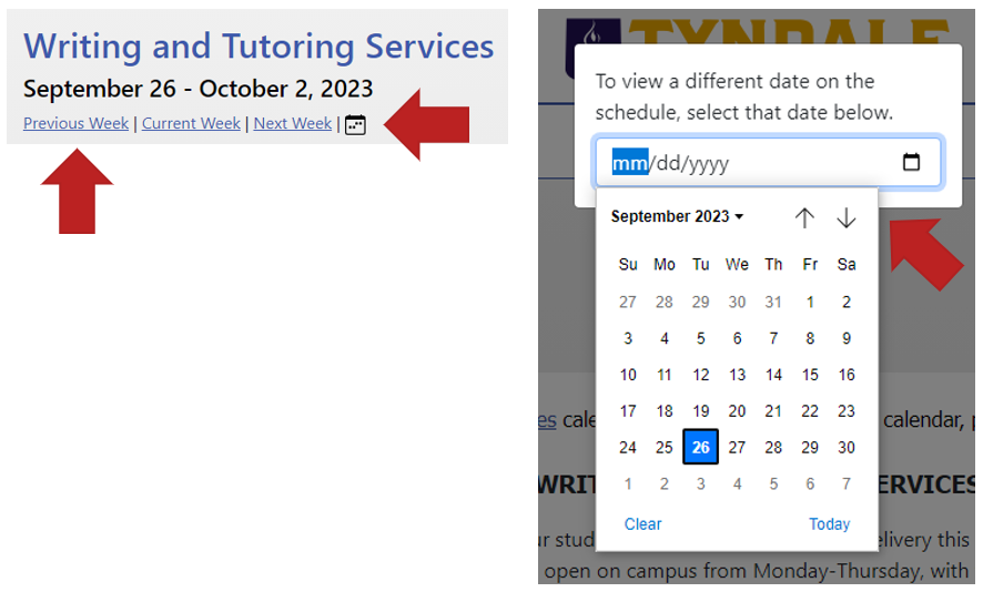 a closer view of the buttons used to change the date range that the calendar shows. Arrows point to the "Previous Week," "Next Week" and mini calendar (shown open on right) buttons. 