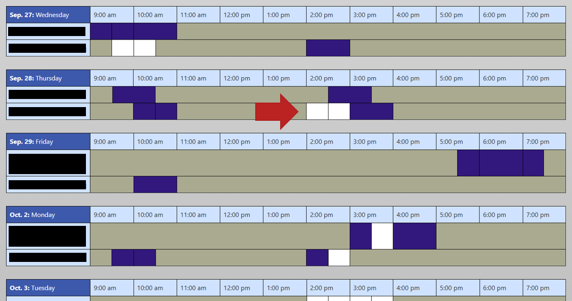 a screenshot of a booking calendar on WC Online. Sample booked and unbooked time slots are shown for various Consultants on various dates. An arrow points to an unbooked time slot. 