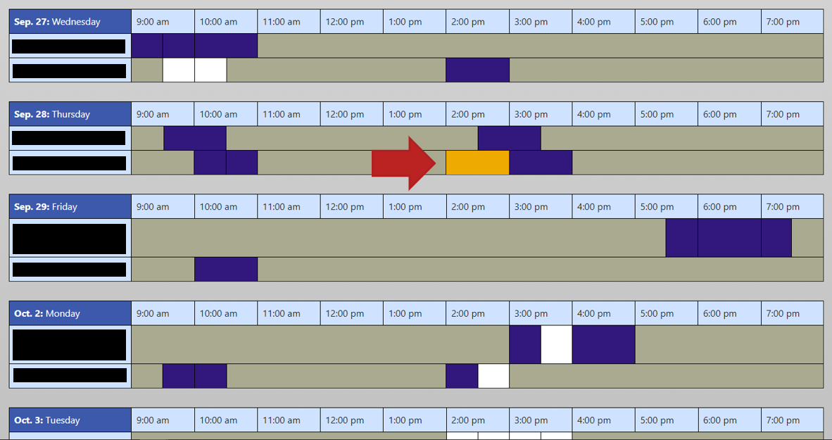 a screenshot of a booking calendar on WC Online. Sample booked and unbooked time slots are shown for various Consultants on various dates. An arrow points to a yellow time slot, which signifies a time slot that you have booked. 