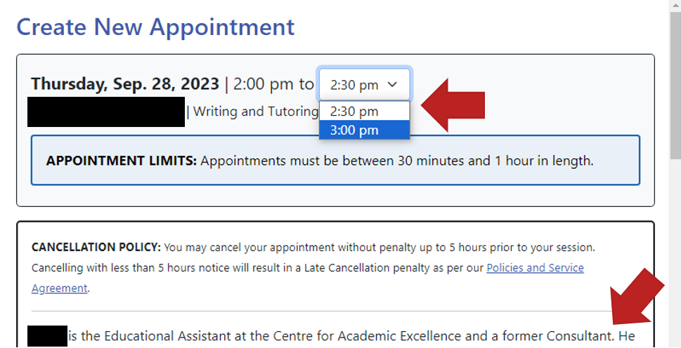 a screenshot of the top of our "Create New Appointment" form. Arrows point to the Consultant bio and the open "end time range" dropdown.