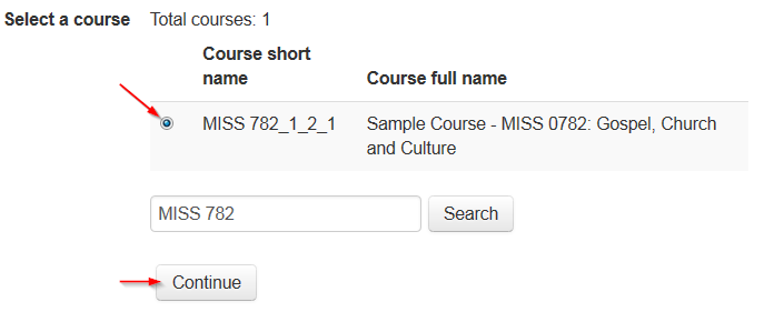 Course search result with radio button selected