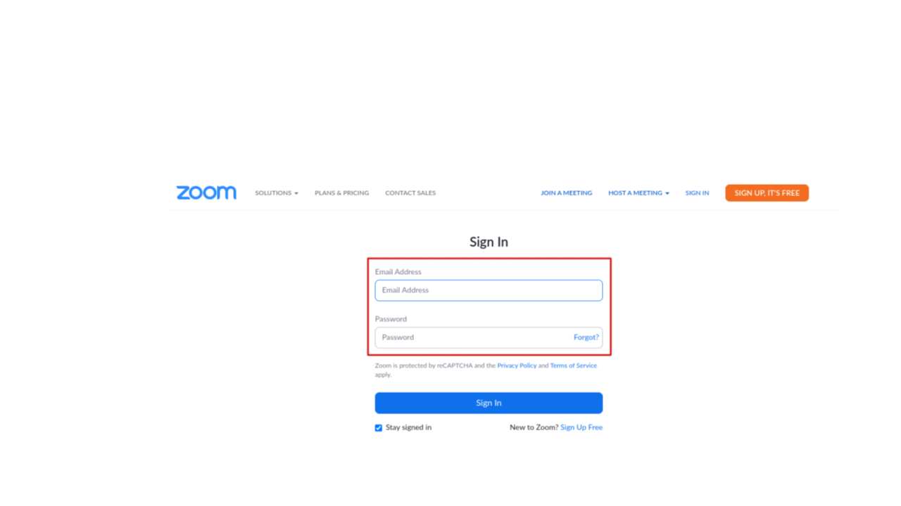 Screenshot of Zoom Login webpage, highlighted in red
