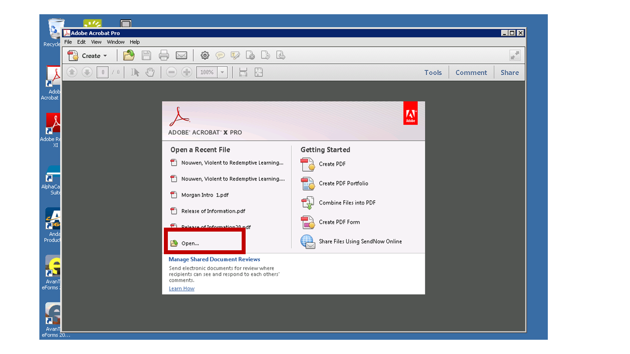 Screenshot of Adobe Pro main page- Open highlighted in red.