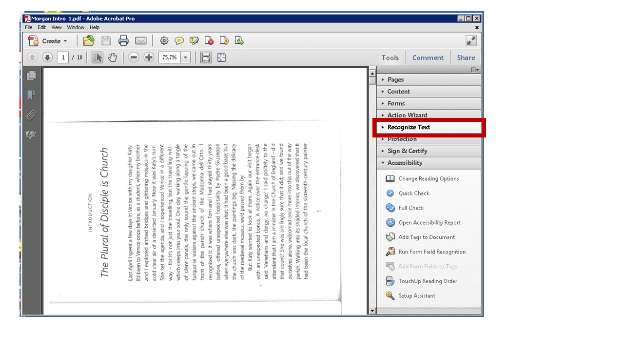 Screenshot of Adobe Pro- Recognize Text highlighted in red.