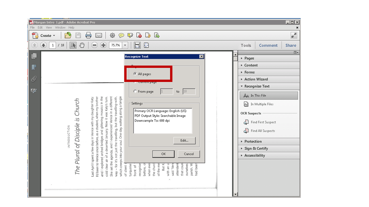 Screenshot of Adobe Pro- All pages highlighted in red.