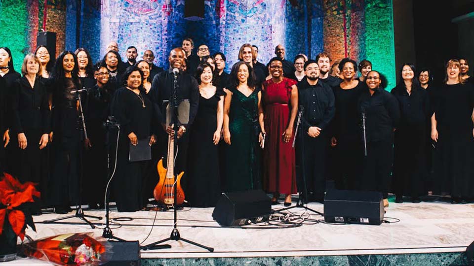 A group of men and women representing Tyndale Community Choir and Band