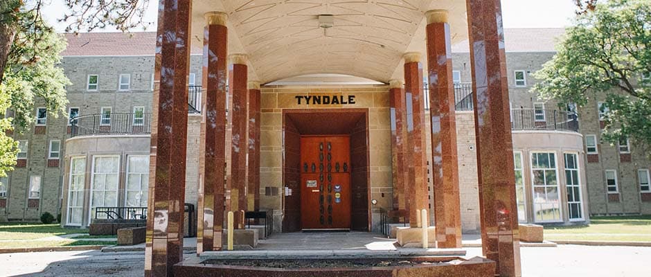 Six pillar front entrance of the Tyndale University campus