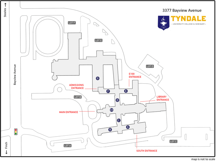 illustration showing Tyndale parking areas and main entrances