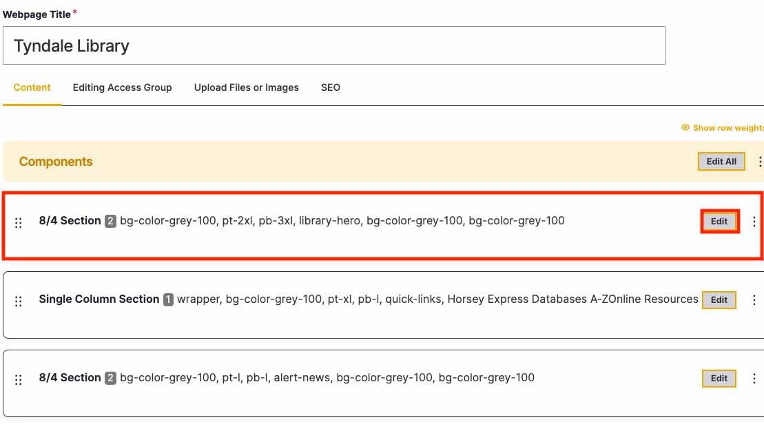 Highlighting the 8/4 section which contains the open hours component once editing the library page.