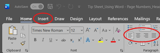 The top banner of the Word app. The "Insert" tab and the alignment buttons are highlighted with red circles.