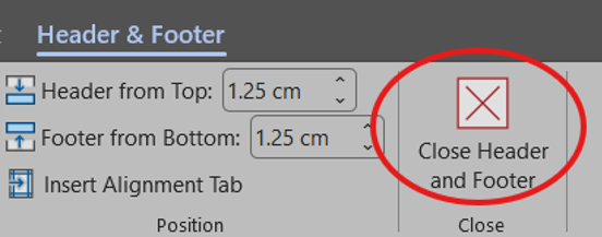 The top banner of the Word app. It shows the "Header & Footer" tab with the "Close Header and Footer" button circled in red.The "Insert" tab and the alignment buttons are highlighted with red circles.