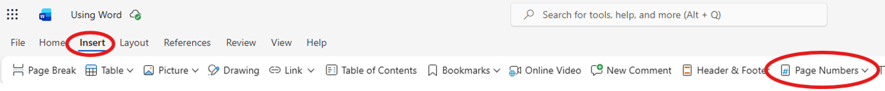The top banner of online Word. The "Insert" tab and "Page Number" button are highlighted with red circles.