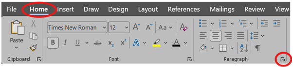 the top ribbon of downloaded Word. The Home tab and the Paragraph Settings button are circled in red.