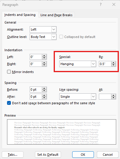 the Paragraph options tab on downloaded Word. The Special and By sections are circled in red. Special is set to "Hanging" and By is set to 0.5 inches (1.27 cm)