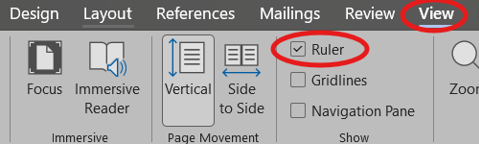 the ribbon at the top of downloaded Word. The View tab and the Ruler check box are circled in red.