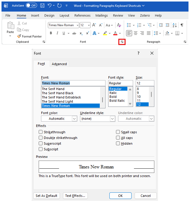 the Font options in the "Home" tab on word is highlighted with a red rectangle. Below, the "Font Options" window is shown with the standard Times New Roman and 12 point size highlighted.