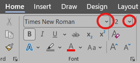 the Home tab on Word. The Font and Size dropdowns are highlighted with red circles.