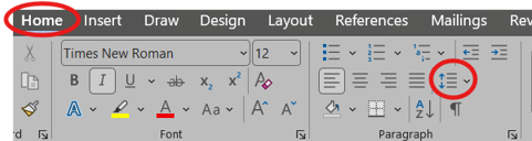 the Home tab on Word. The Line Spacing button is highlighted with a red circle.