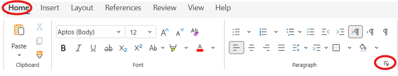 the top ribbon of online Word. The Home tab and the Paragraph Settings button are circled in red.