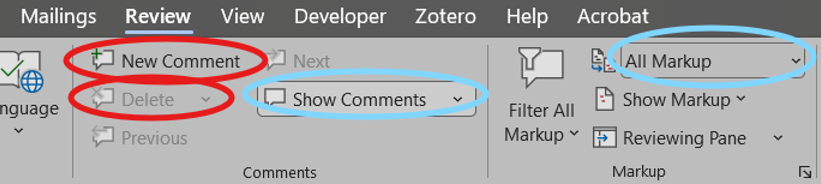 the top banner of Microsoft Word under the "Review" tab. The "New Comment" and "Delete" buttons are circled in red, and the "Show Comments" and "All Markup" dropdowns are circled in blue.