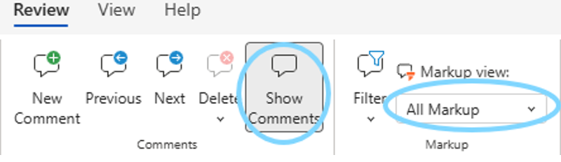 the top banner of Microsoft Word under the "Review" tab. The "Show Comments" button and "All Markup" dropdowns are circled in blue.