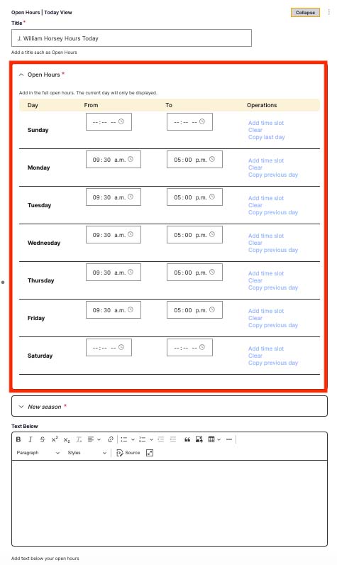 Highlighting the section to set the default hours within the Open Hours Component