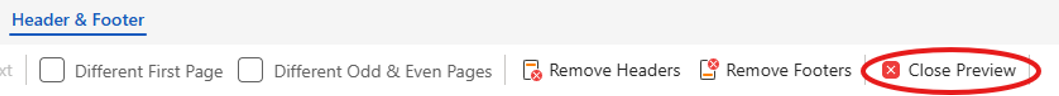 The top banner of online Word. It shows the "Header & Footer" tab with the "Close Preview" button circled in red.