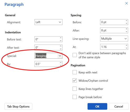 the Paragraph options tab on online Word. The Special and By sections are circled in red. Special is set to "Hanging" and By is set to 0.5 inches (1.27 cm)