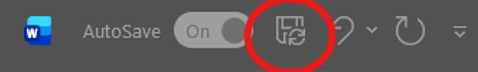 the top ribbon of Microsoft Word. The floppy disc "save" icon is circled in red.