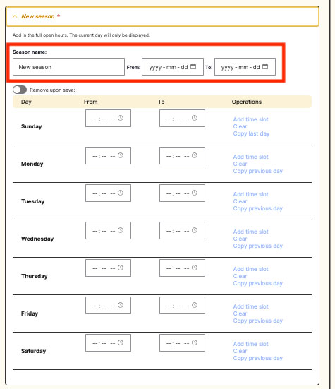 Highlighting the section where a user can set the period of a specific season of hours