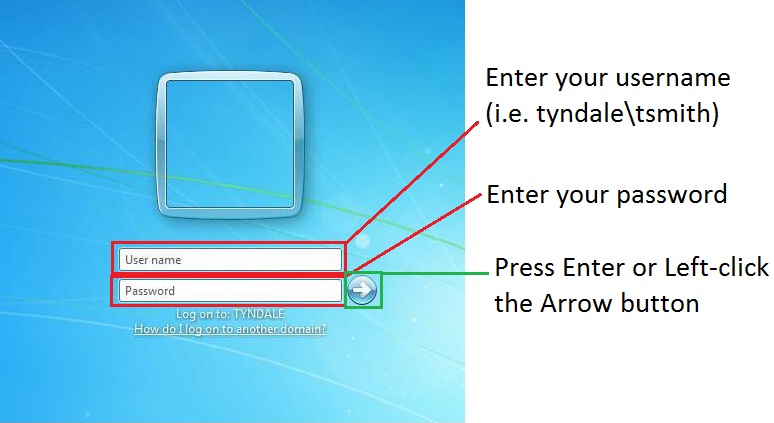 Tyndale domain login screen with instructions to enter your username and password and press enter or click the arrow button to log in