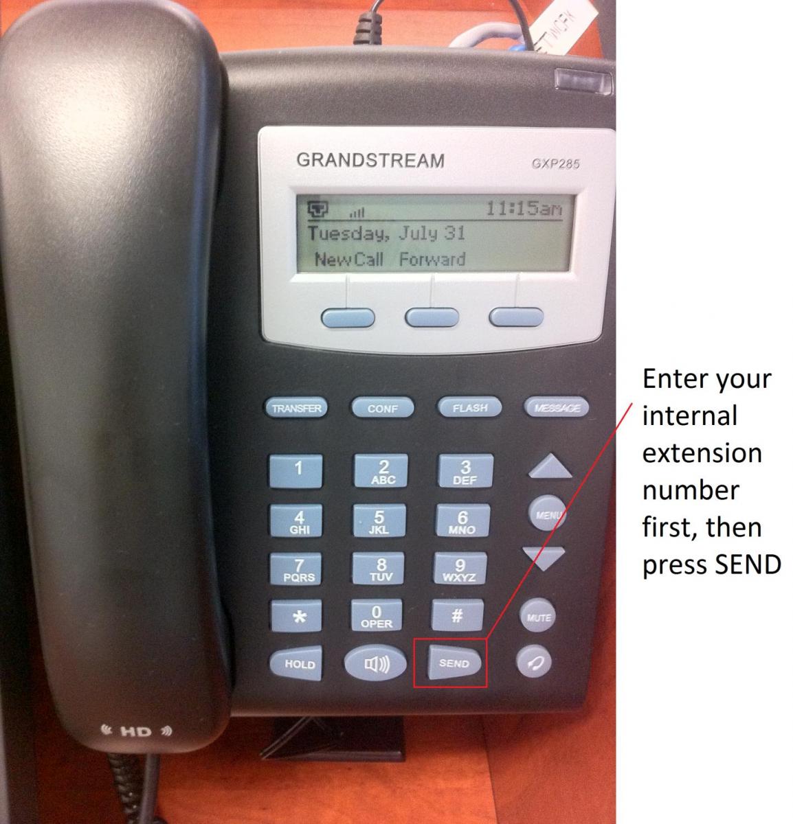 Classroom lectern phone with instructions to enter your internal extension number first, then press "send"