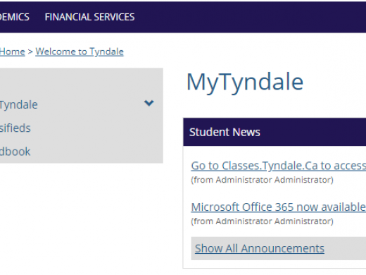 a preview of the myTyndale website, including links to 