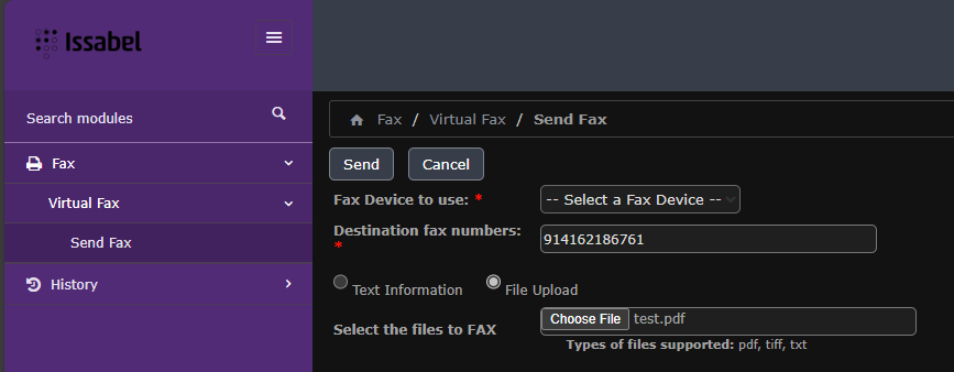 final set of options, the fax device, the phone number, and the PDF file, that must be selected to successfully start sending a fax
