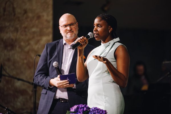 Rebecca Rowe (BA, 2027) speaking on stage