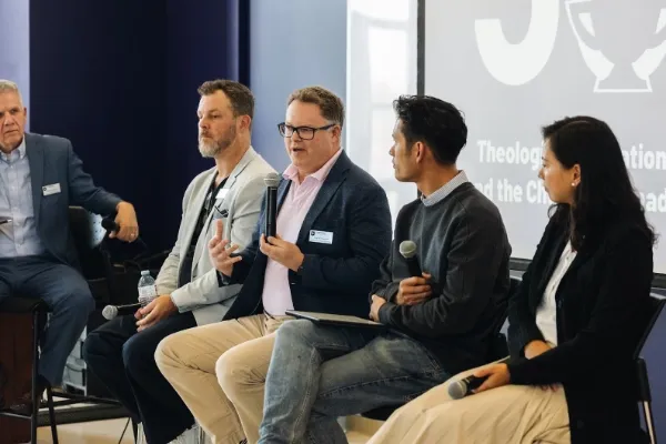 Faculty panel discussion on the Church in Canada featuring Dr. James Tyler Robertson, Dr. Sarah Han, Dr. Jesse Sudirgo, and Dr. Patrick Franklin