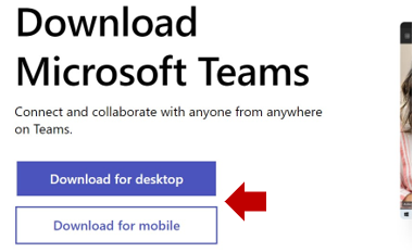 a screenshot of the "Download Microsoft Teams" page. An arrow points between the "Download for desktop" and "Download for mobile" options