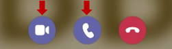 a screenshot of part of the "someone is calling you" feature on Teams. Arrows point to the video camera and telephone buttons. 