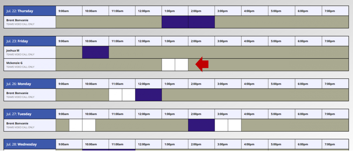 a screenshot of a booking calendar on WC Online. Sample booked and unbooked time slots are shown for various Consultants on various dates. An arrow points to an unbooked time slot. 