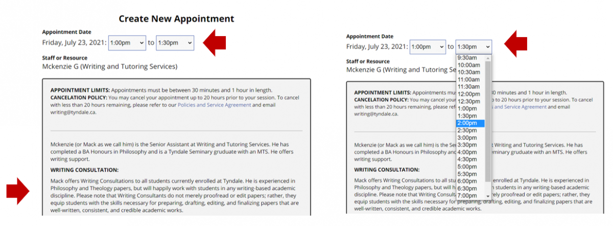 a screenshot of the top of our "Create New Appointment" form. On the left, arrows point to the Consultant bio and the "end time range" dropdown. On the right, the same form is shown but with the "end time range" dropdown open.