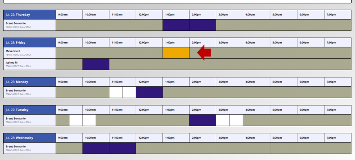 a screenshot of a booking calendar on WC Online. Sample booked and unbooked time slots are shown for various Consultants on various dates. An arrow points to a yellow time slot, which signifies a time slot that you have booked. 