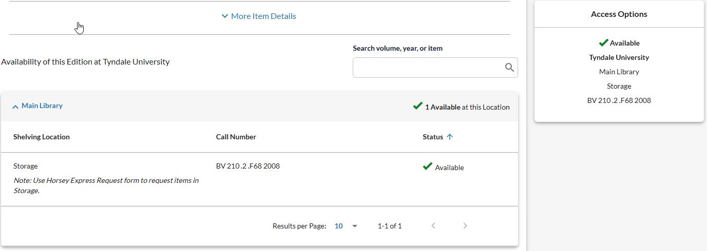 Example of a book as shown in WorldCat, where the shelving location says Storage.
