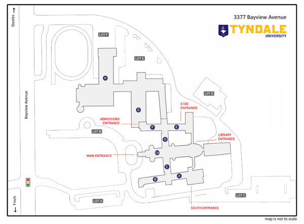 Tyndale Campus with parking lots identified - links to a PDF version